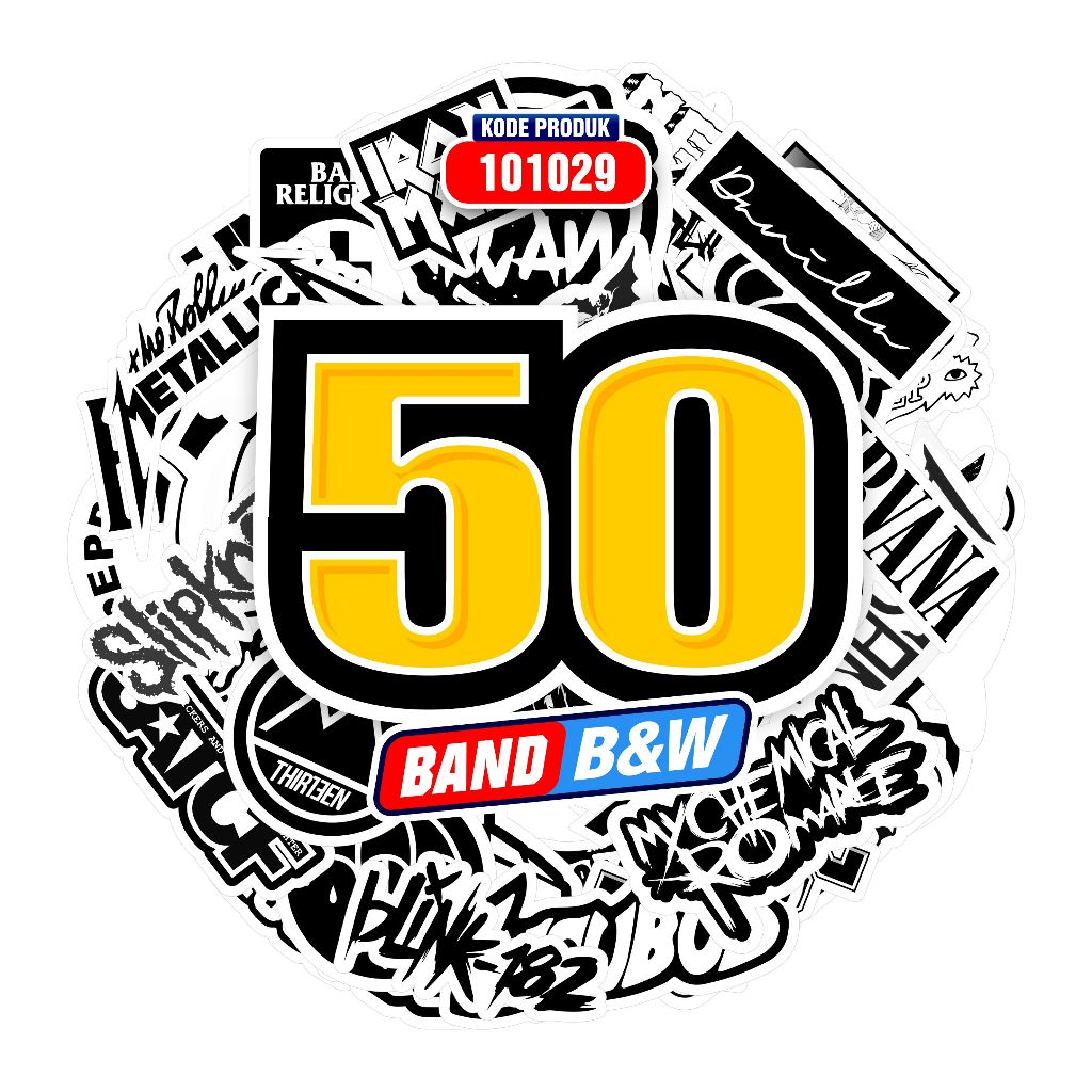 STICKER CASE ISI 50 PCS STIKER BLACK&WHITE DISTRO APPAREL BAND STIKER AESTHETIC