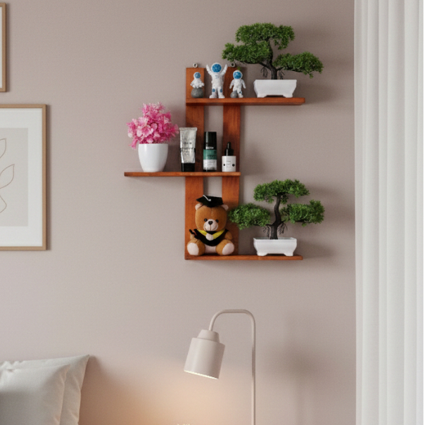 Rak Hiasan Dinding Kayu Solid / Rak Pot Bunga & Boneka / Rak Zigzag Modern Minimalis