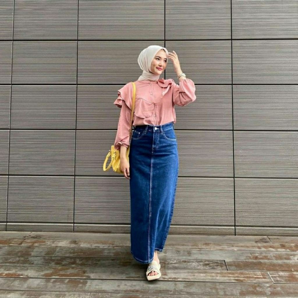 Highwaist Rok Jeans Wanita Jumbo Panjang Tebal Vintage