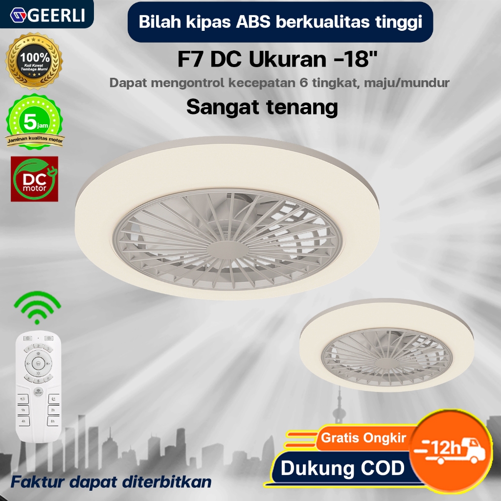 GEERLI Kipas Gantung Lampu 18 Inch dengan Remote, 6 Kecepatan Dapat Disesuaikan, Motor DC Tembaga Mu