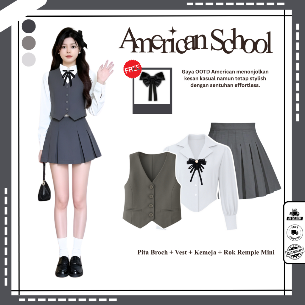 One Set Outfit Yearbook American School ( Pita + Vest + Kemeja + Rok Mini ) Yearbook Remaja - N108