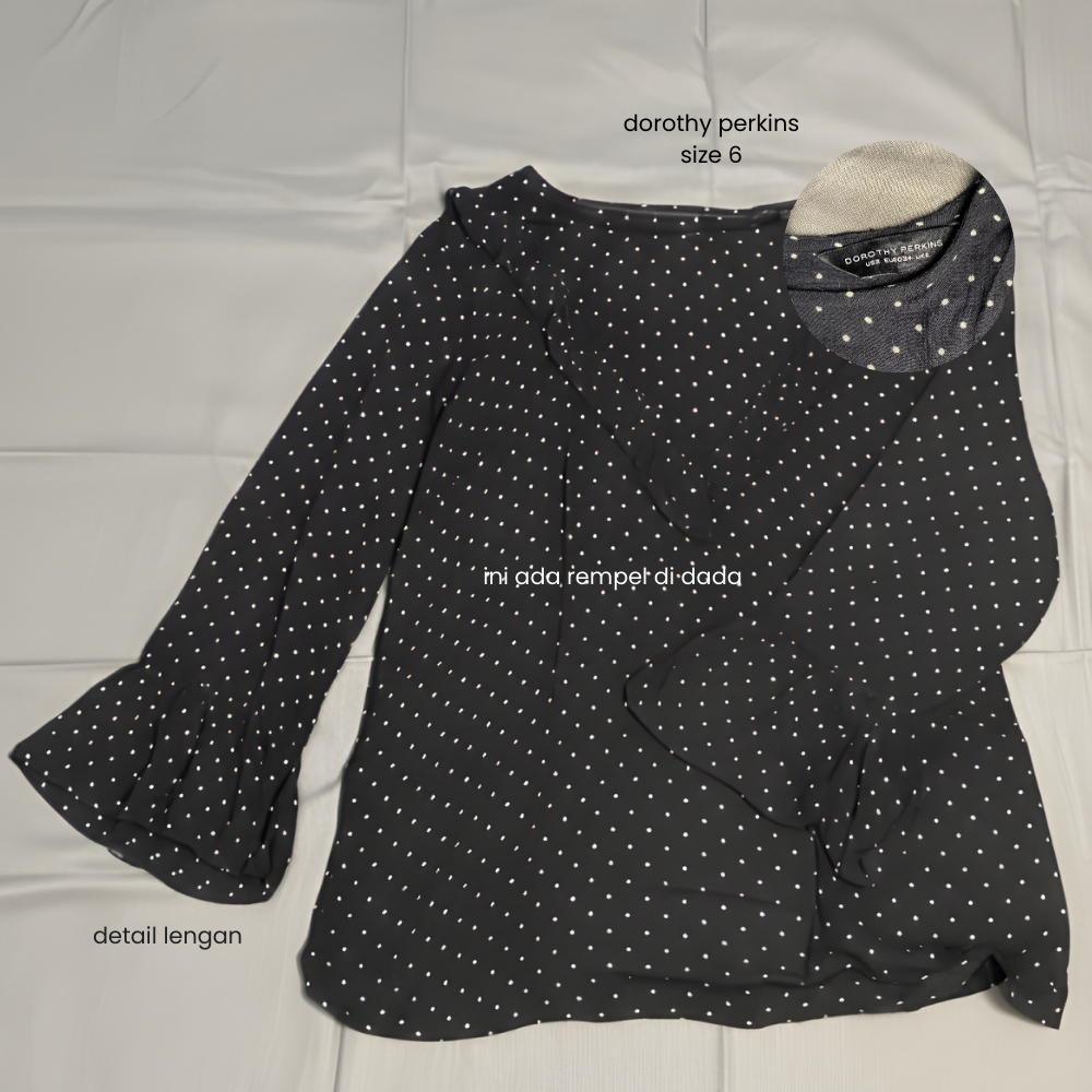 [Preloved] Dorothy Perkins – Black Polkadot Ruffle Blouse