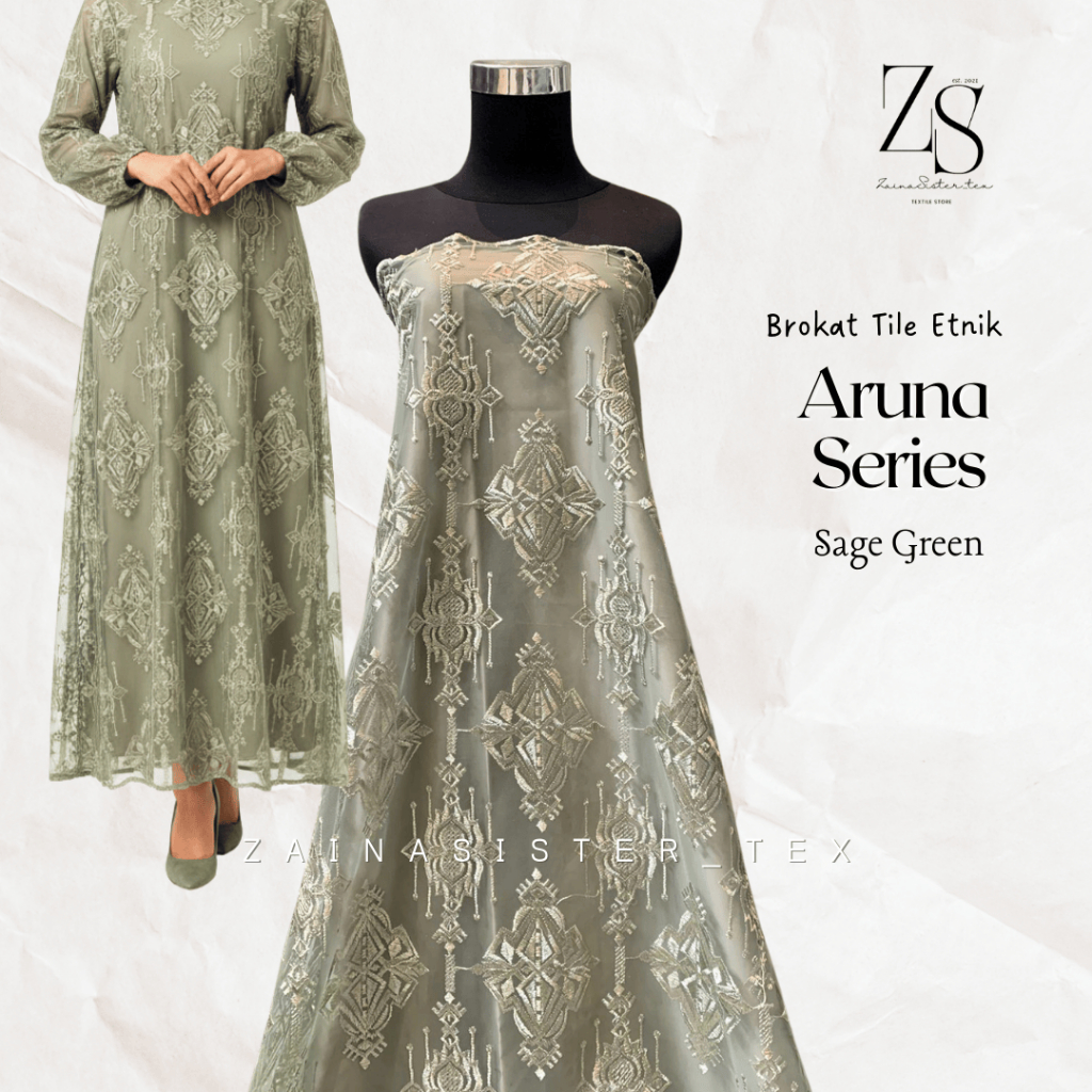 Bahan Kain Brokat Brukat Tile Bordir Etnik Mewah Aruna Series Warna Sage Green