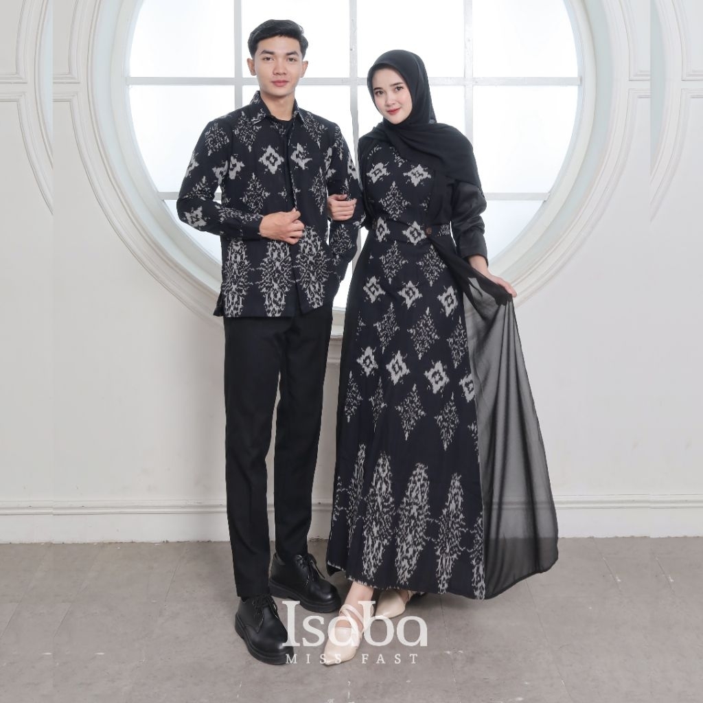 ISABA - BAJU TENUN COUPLE DRESS SAFITRI HITAM X KEMEJA PASANGAN COUPLE LEBARAN