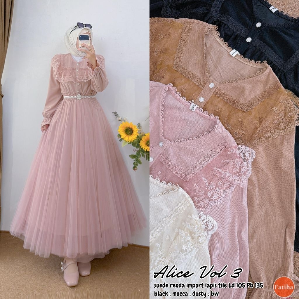 Alice Vol 3 by Fatiha - dress suede renda import lapis tile - gamis wanita model terbaru kekinian - 
