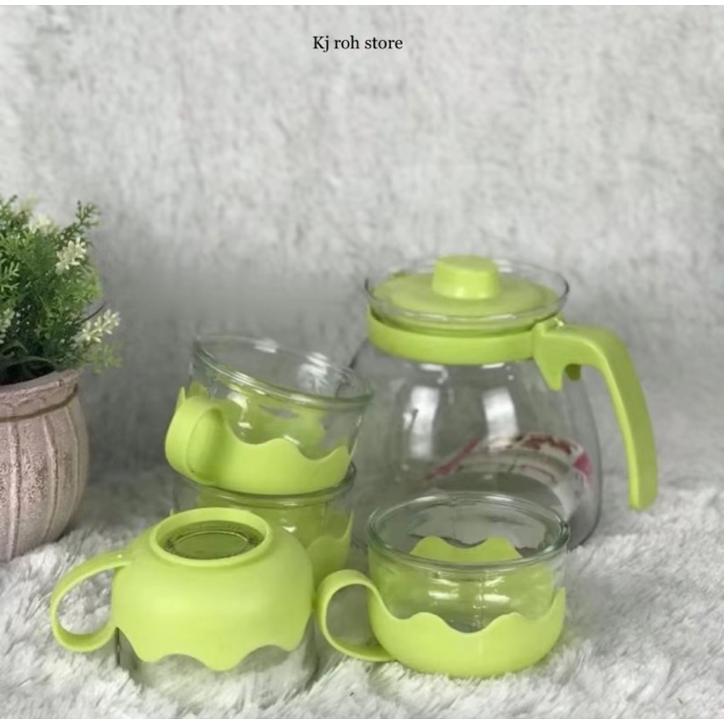Set Teko Kaca Elegan 1 Teko 4 Cangkir - Hijau, Tahan Panas & Bening