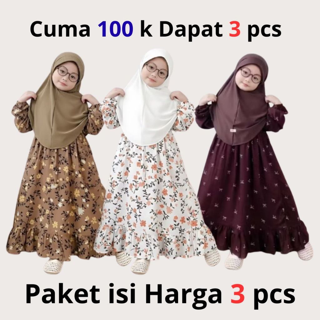 FALOVA Baju Anak Gamis Lengan Panjang Rayon Viscose Motif Bunga Multiwarna isi 2 pcs dan 3 pcs