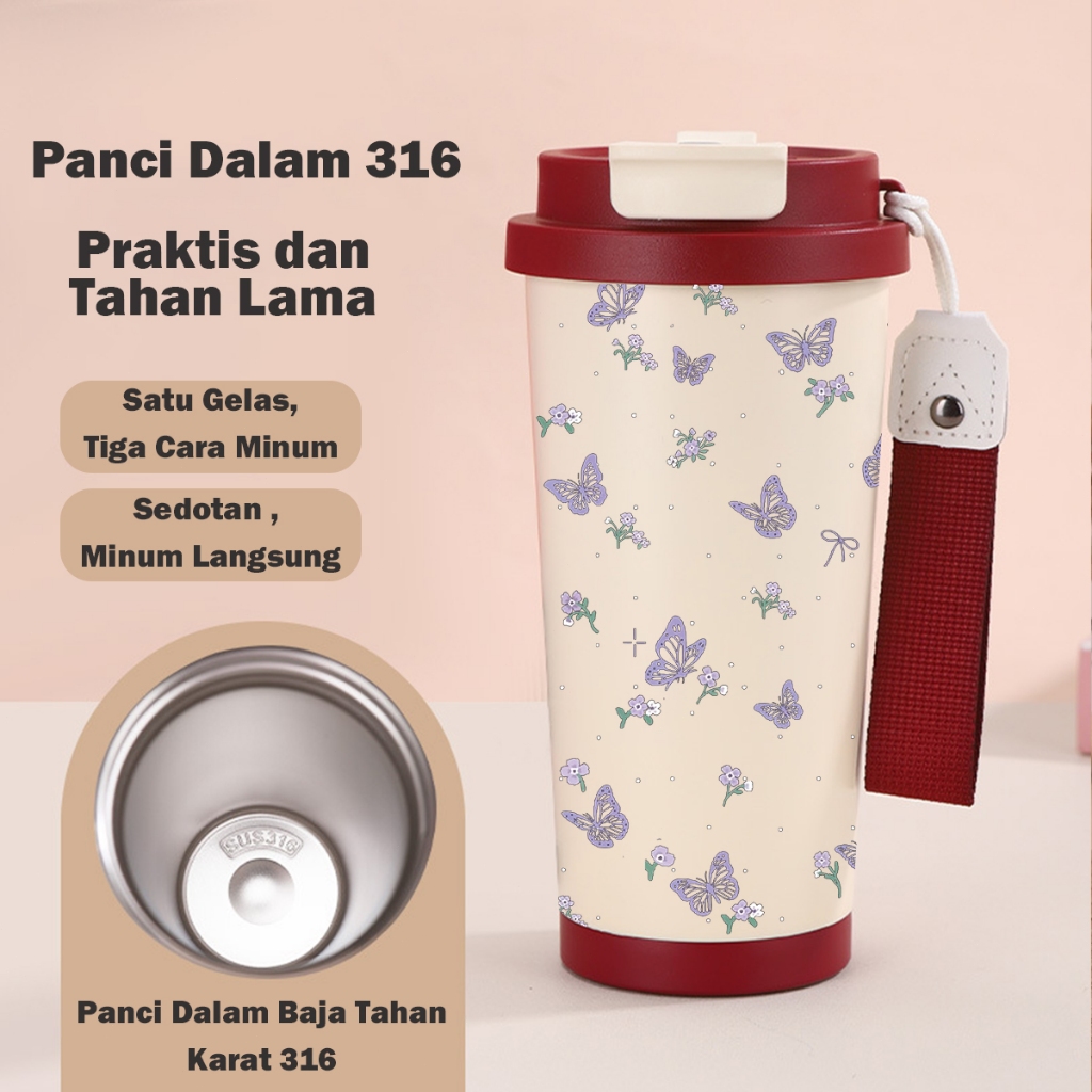 Cute butterflies bows 500ml Stainless Steel 316 Portable Botol Minum Simple Stylish & Aesthetic Deng