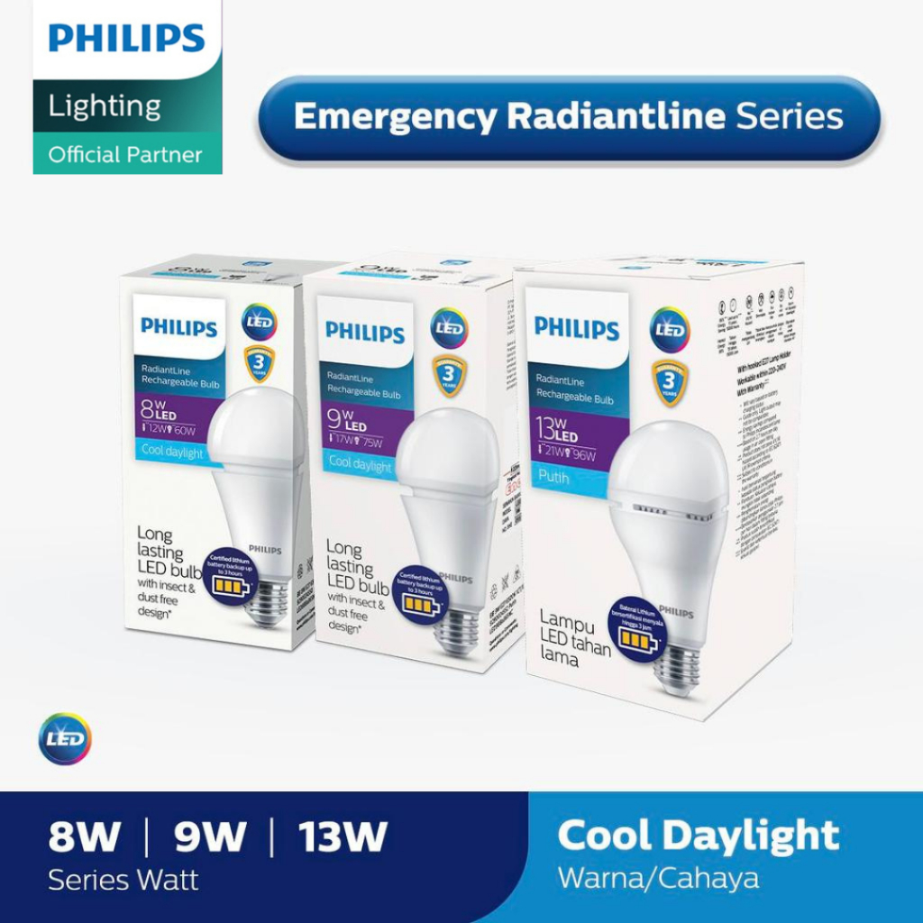 Lampu Emergency Philips RadiantLine Bohlam LED 8W 9W 13W 6500K Putih