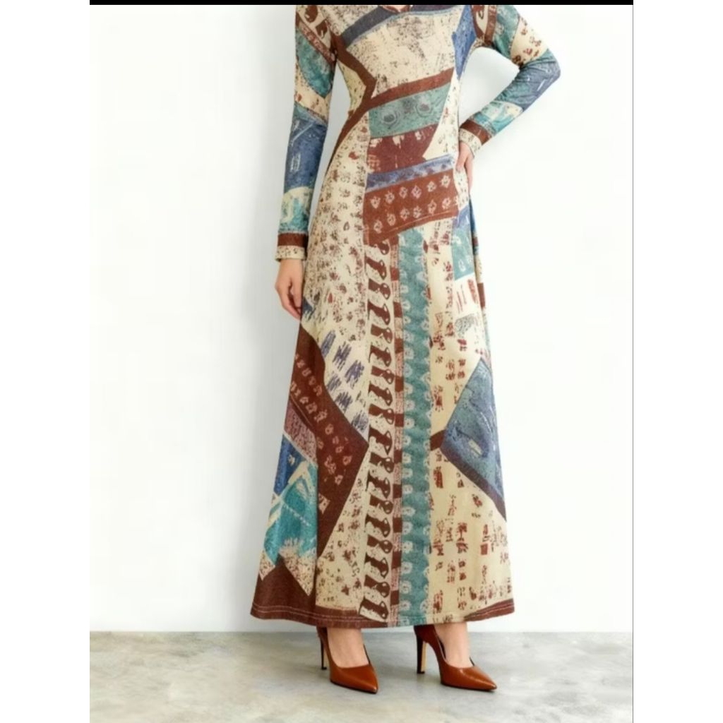 Dress Panjang Wanita Motif Etnik Warna Earth Tone Lengan Panjang V-Neck/Blouse premium  – MEIN Premi