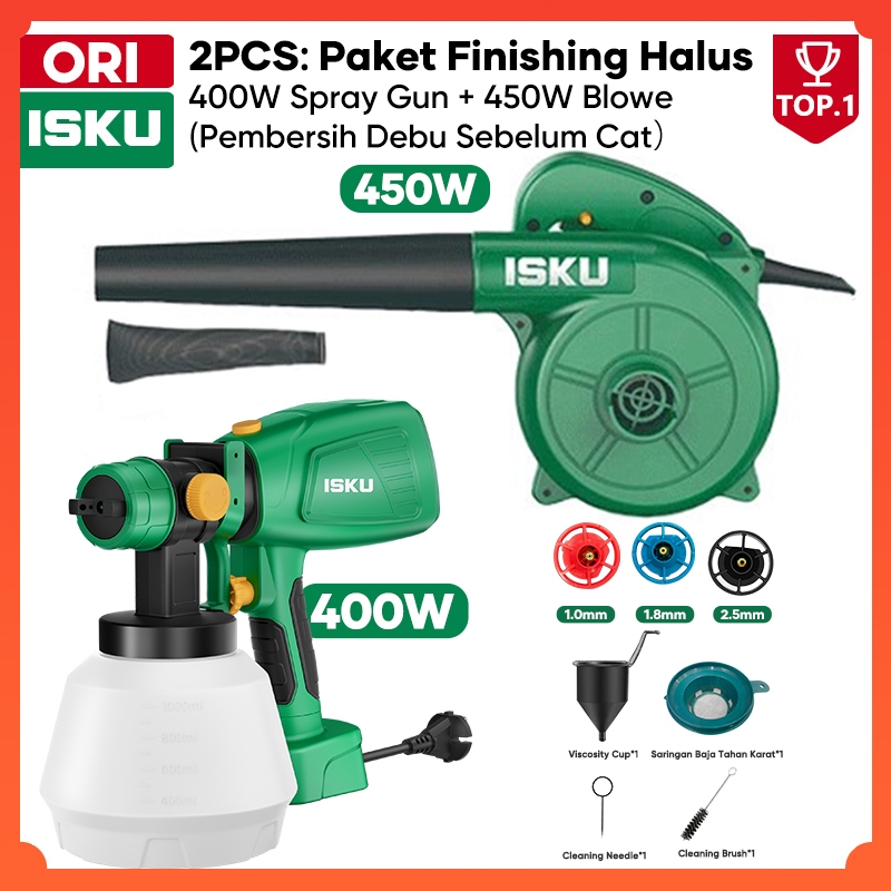 ISKU Paket Mesin Spray Gun Cat Listrik 400W 1000ml 3 Nozzle & Blower Tangan 450W Peniup Debu Set Sem
