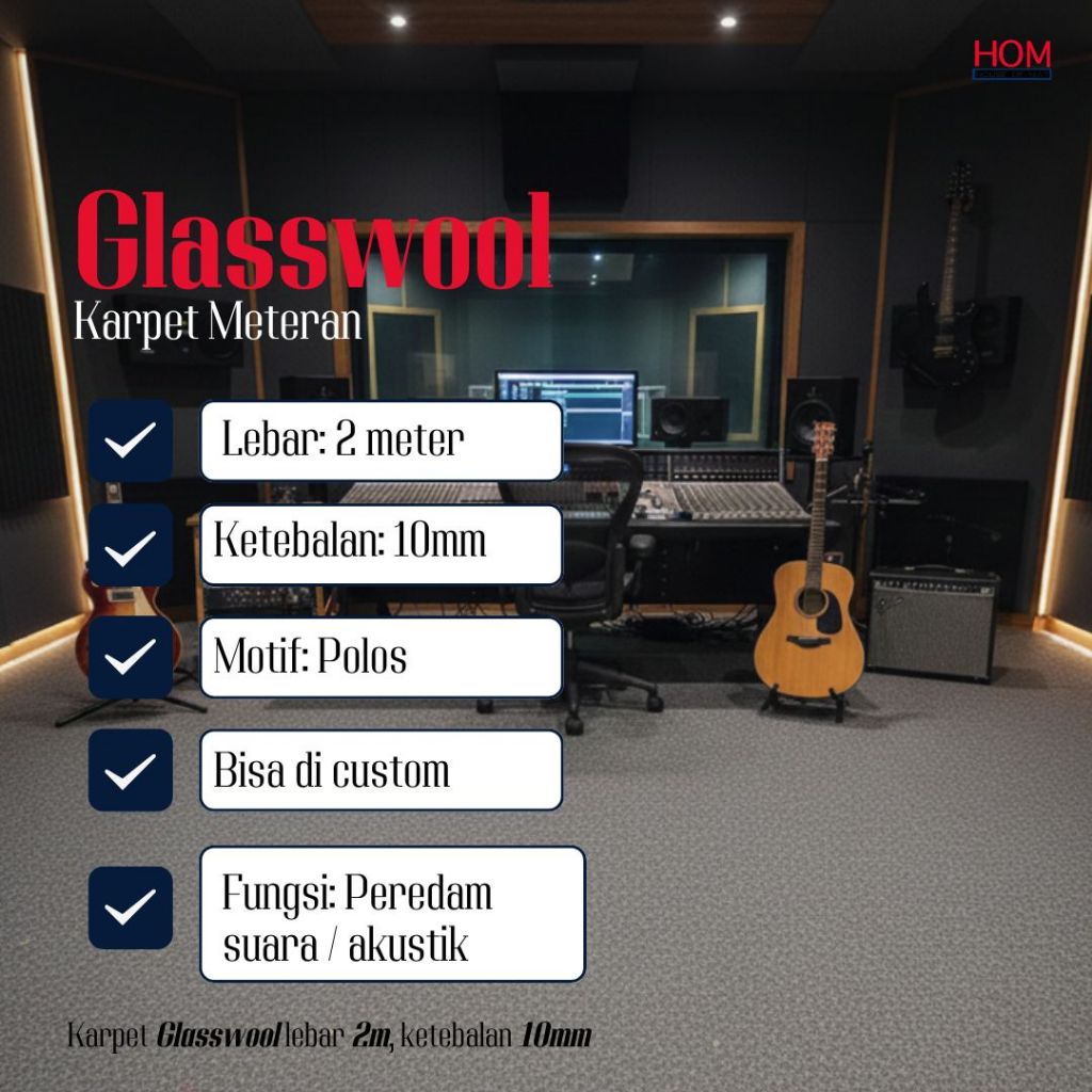 Glasswool Peredam Suara Dinding 10mm | Anti bocor suara kamar/ studio- Lebar 2M