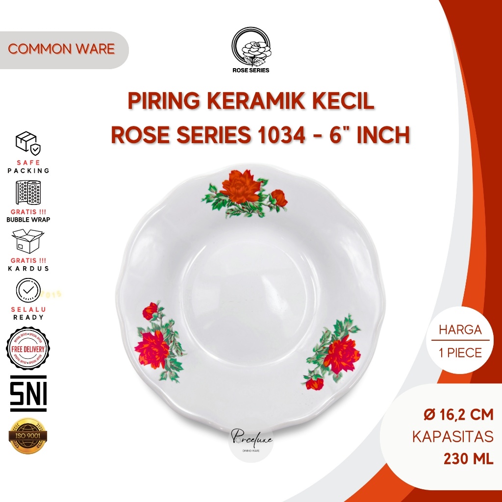 Lucky Keramik Piring Saji Kecil Rose Merah Putih 6" | 16,2 cm Motif Bunga