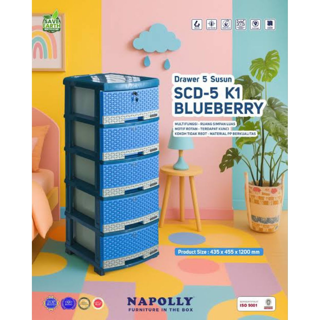 Lemari Laci plastik 5 susun serbaguna Napolly Besar