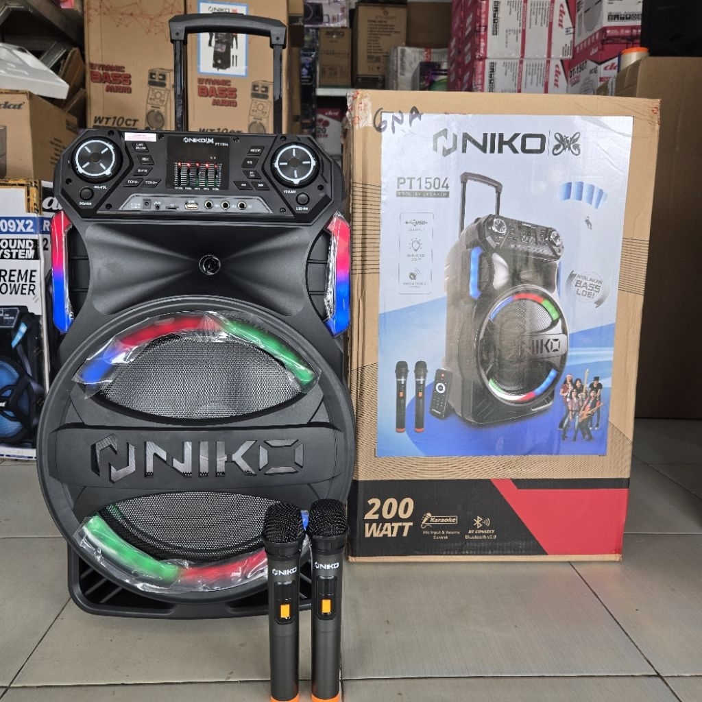 SPEAKER TROLLEY NIKO PT1504 DENGAN 2 MIC WIRELESS 200 WATT TERBARU