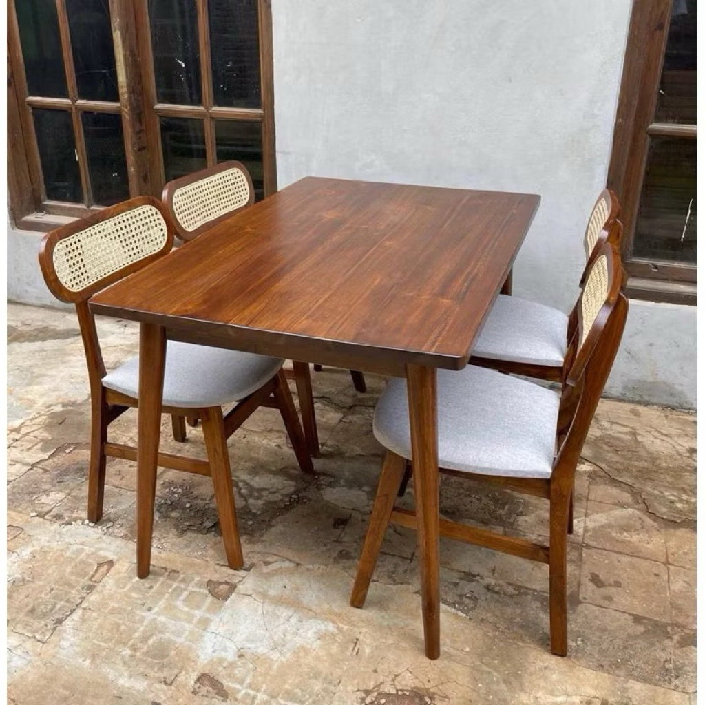 Set Meja Makan Kayu Jati Minimalis Modern 4 Kursi Rotan Jok Empuk – Meja Makan Cafe Rumah