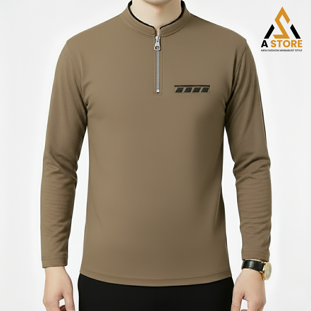 Kaos Polo Pria Lengan Panjang Kerah Shanghai Zipper Saku Polet Dada Bahan Premium – Kaos Koko Reslet