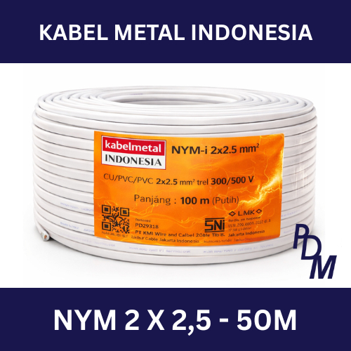 Kabel NYM 2x2.5 mm 50 Meter Roll KABELMETAL INDONESIA - Kawat Tembaga Tunggal PVC Putih Listrik KMI 