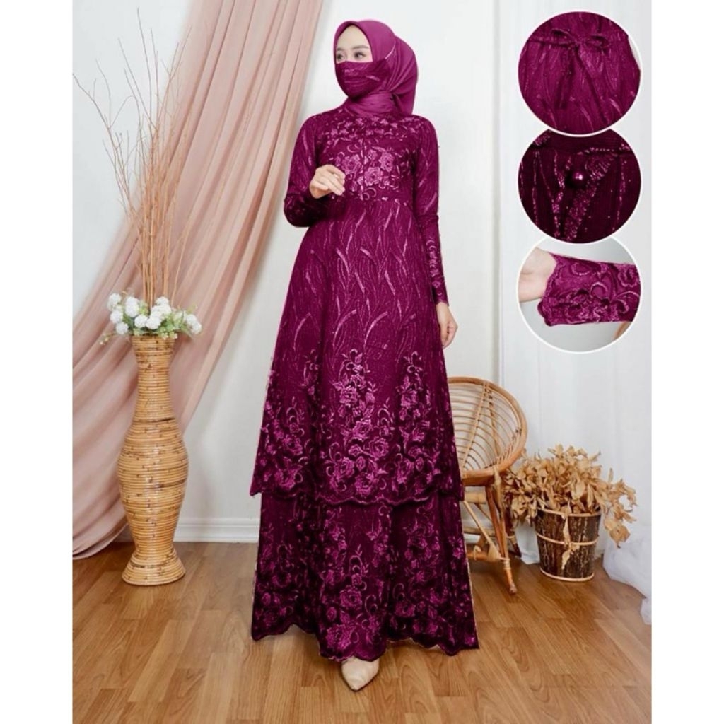 MAXI VINA ( M L XL XXL XXXL )GAMIS BRUKAT SUSUN/GAMIS KONDANGAN/GAMIS TILE MUTIARA/GAMIS MEWAH COKLA