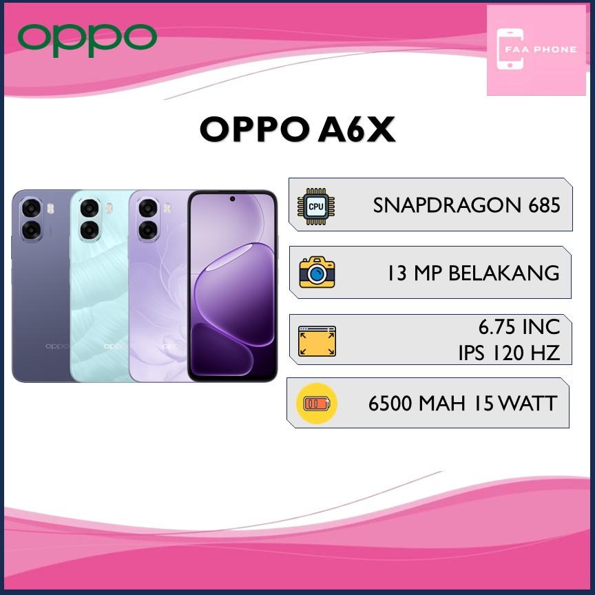 OPPO A6X RAM 4 GB ROM 128 GB QUALCOMM SNAPDRAGON 685 13 MP CAMERA 6500 mAh 15 WATT