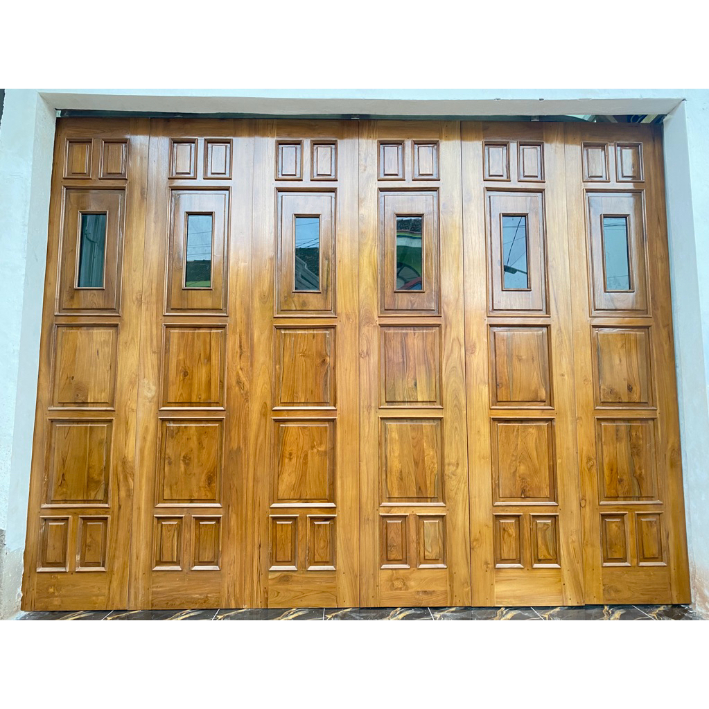 Pintu Garasi Kayu Jati Asli 100% 6 Daun pintu | Full Finishing Melamik Clear Gloss | 250 x 350 cm