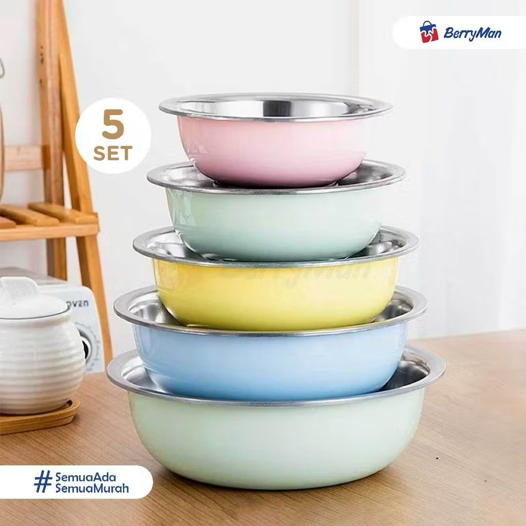 Mangkuk Enamel 5 Set Warna Pastel | Baskom Enamel Tutup Stainless | Wadah Serbaguna Dapur & Jajanan