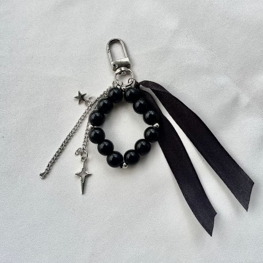 Keychain Aesthetic Hitam Ribbon Beads | Gantungan Tas & Kunci Dark Elegant Handmade