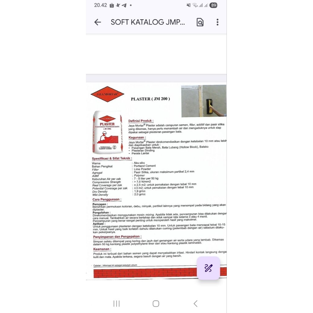 semen instan  jaya mortar jm200 (plester bata ringan )