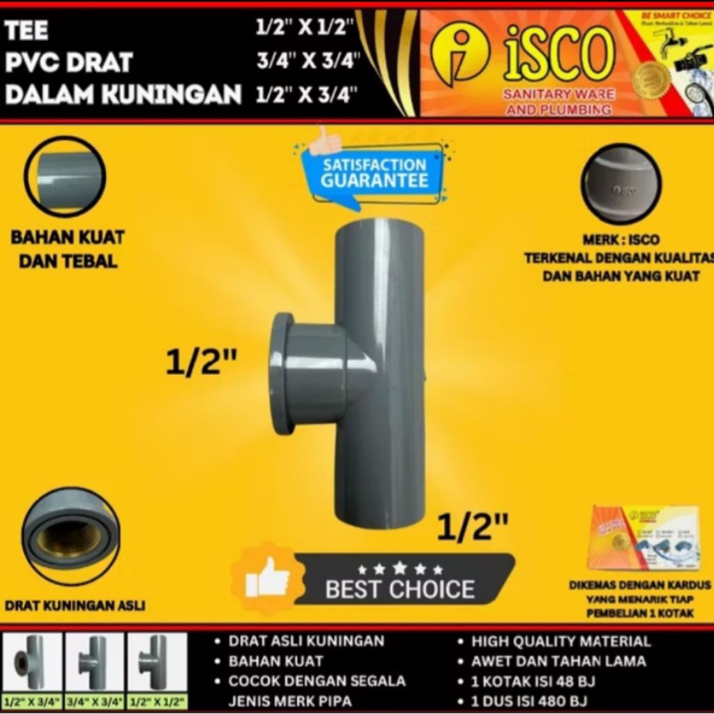 Tee Drat Dalam PVC/T Drat Dalam Faucet Tee Ukuran 1/2"x3/4"-Sambungan T Cabang Kran Anti Bocor(03)