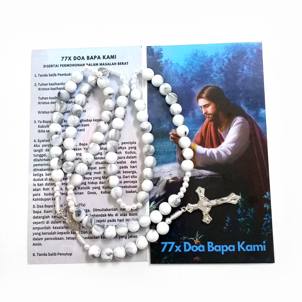 Kalung Rosario 77 Bapa Kami Mote Marmer PUTIH - Rosario 77x Doa Bapa Kami - Rosario 77 Bapa Kami