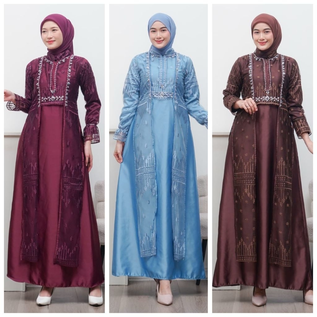 Anisa Dress 2in1 Premium – Dress Inner + Rompi Outer Lepas Pasang Brokat Tulle Bordir Payet Handmade