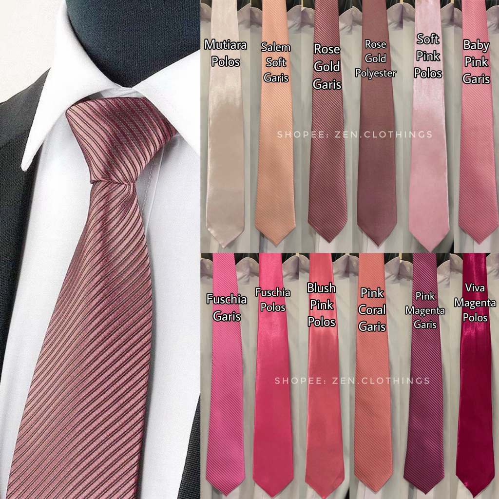 Dasi Pria Ikat Manual Warna Pink Rose Gold Salem Soft Rosegold Fuschia Magenta Panjang Polos dan Mot