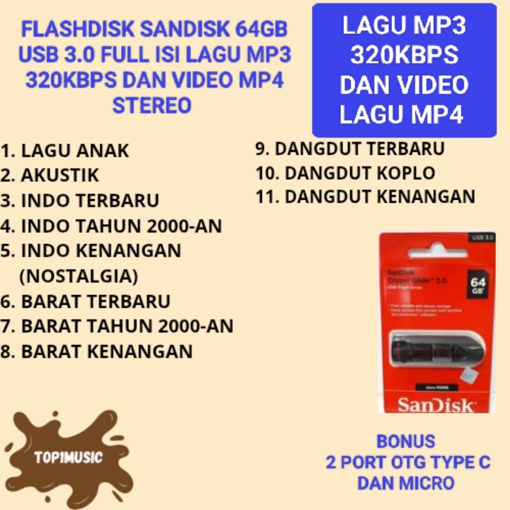 flashdisk sandisk 64GB usb 3.0 full isi lagu mp3 dan mp4 update terbaru