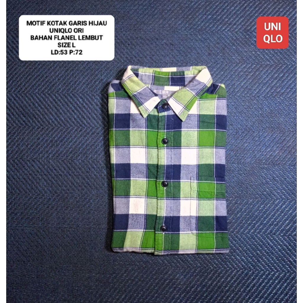 KEMEJA FLANNEL UNIQLO OR1 MOTIF KOTAK² HIJAU PUTIH NAVY SIZE L