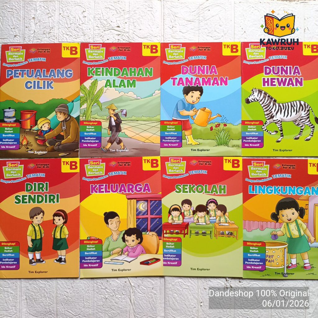 (Paket 8 buku) Seri Bermain dan Berlatih TK B dengan pendekatan tematik Penerbit Erlangga for kids -
