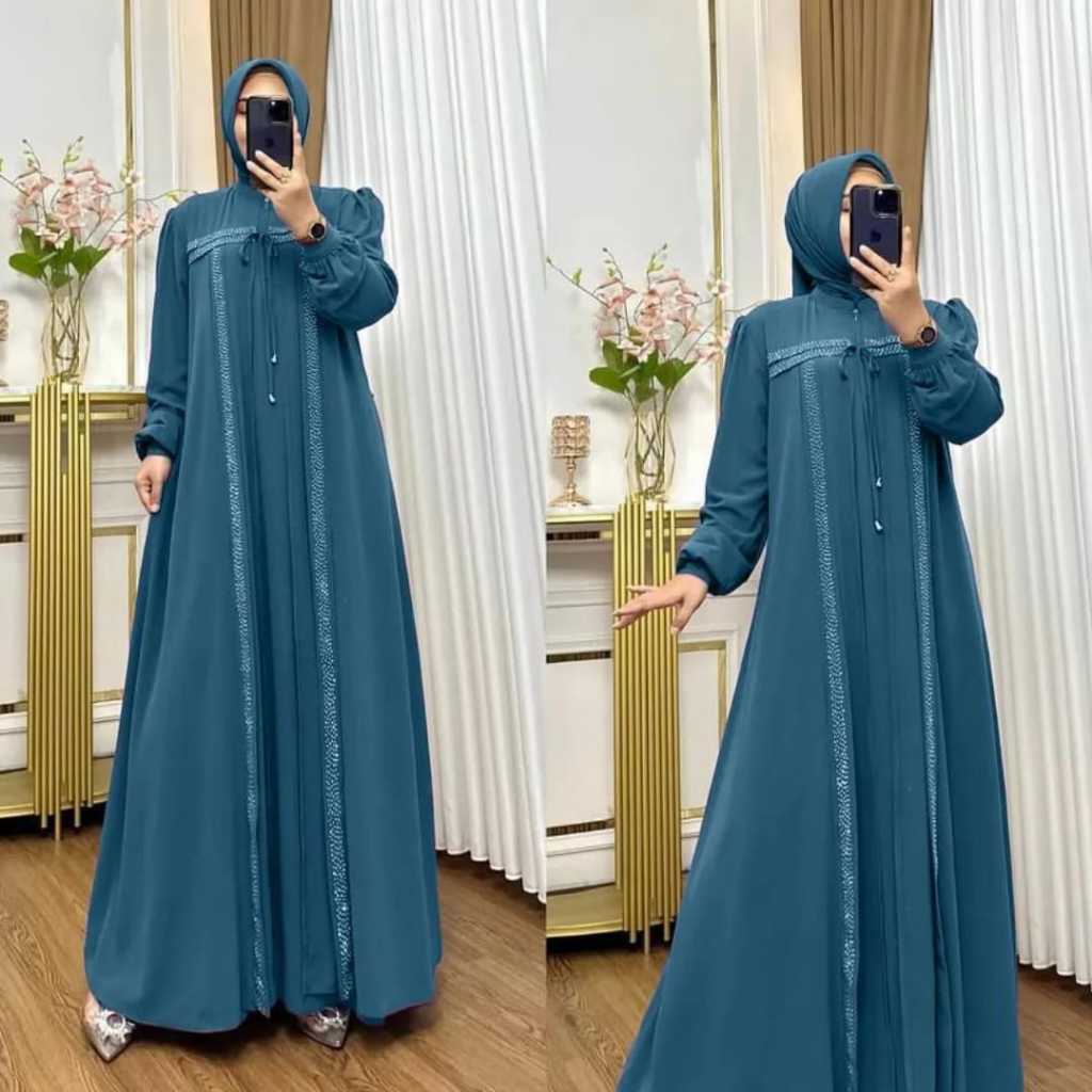 Raya Dress Gamis Ceruty Swaroski Emerald Blue Gaun Pesta Kondangan Kekinian Viral Simpel Mewah