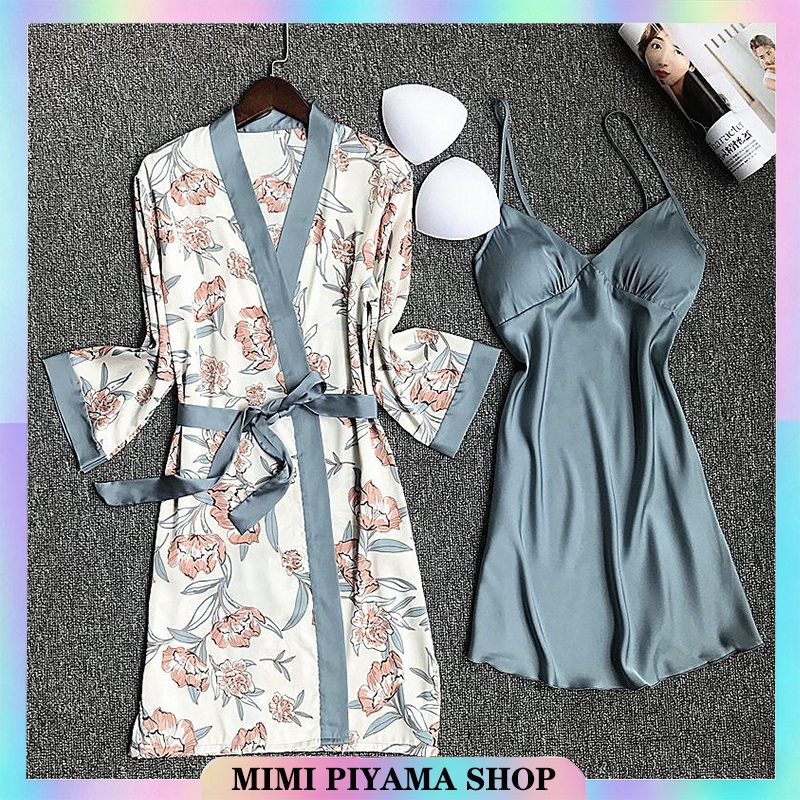 lingerie kimono  jepang set tidur wanita baju tidur daster dress cardigan satin outer panjang anggre