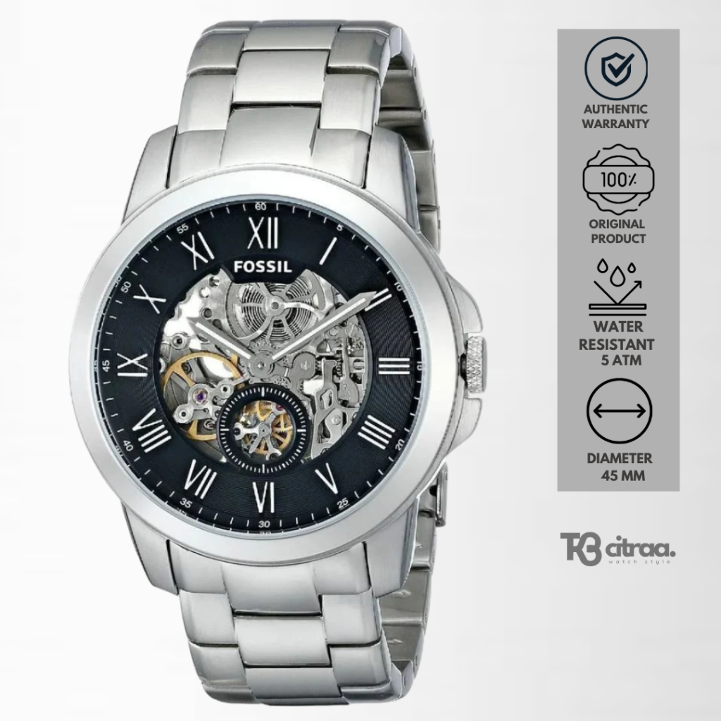 Jam Tangan Fossil Grant Automatic Pria Silver Stainless Steel Mewah Original ME3055