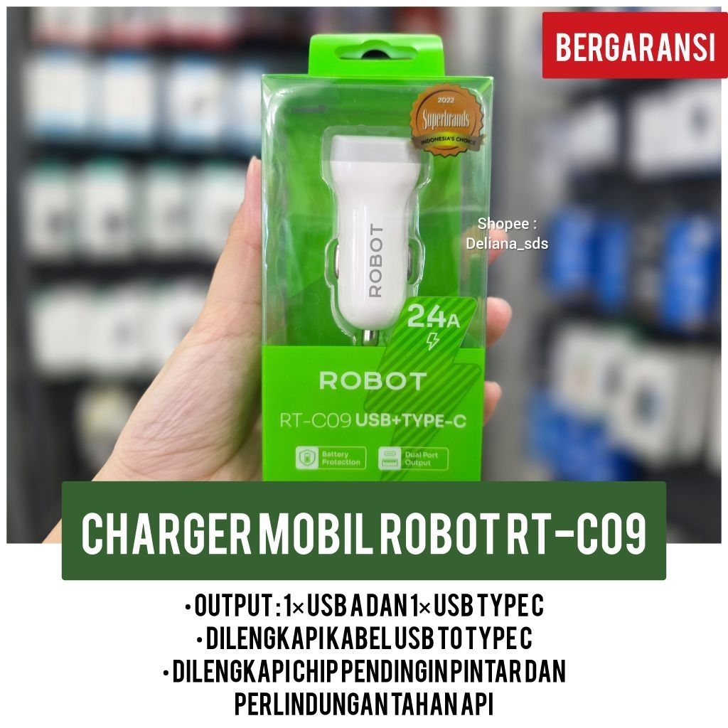Charger Mobil Robor RT-C09 Dual Port Garansi Resmi 1 Tahun Car Charger Robot Cas Mobil Robot Charger