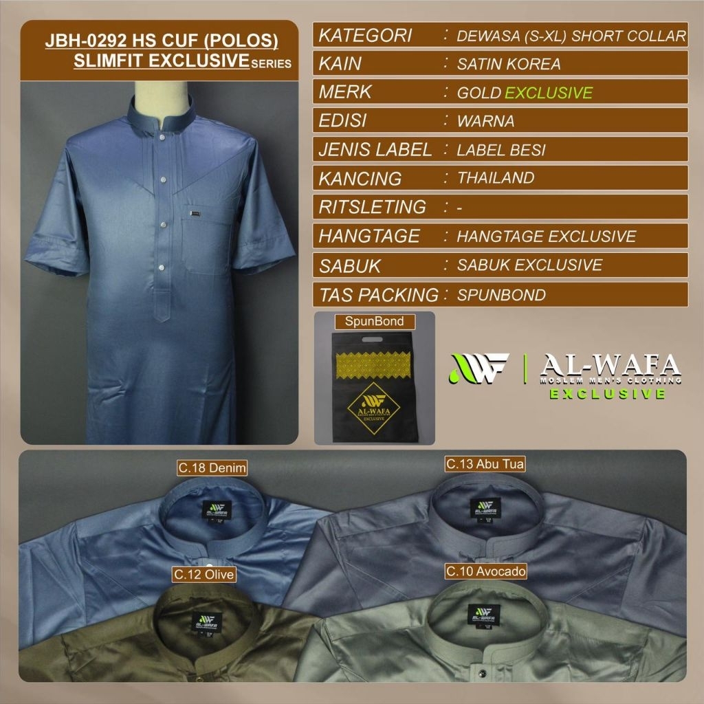 Jubah Al-Wafa/AWF Gold Exclusive Motif Polos Bahan Satin Korea Gamis Muslim Pria Lengan Pendek Cuff