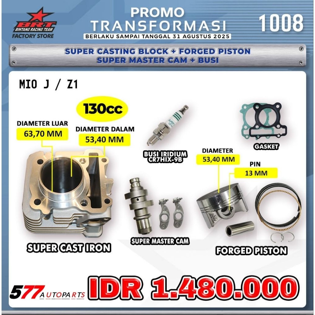 Promo Paket Bore Up 130cc Blok Mio J, Fino, Xride, Jupiter Z1 53.40mm Cast Iron Forged Piston Noken 
