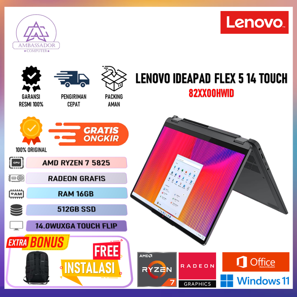 Lenovo Ideapad Flex 5 14 Touch Flip Amd Ryzen 7 5825 Ram 16gb 512 Ssd Layar 14.0WUXGA Include Pen