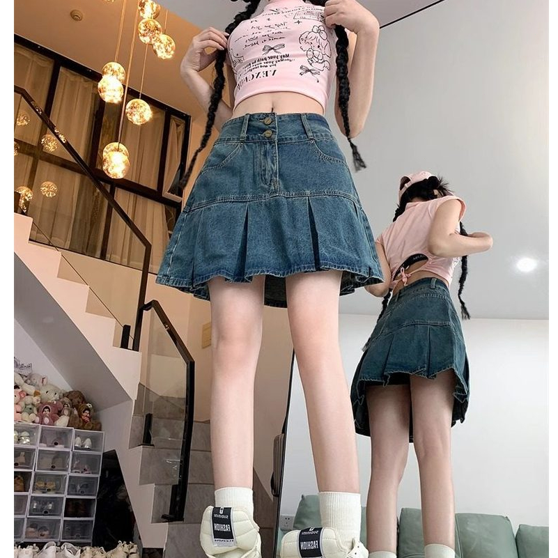 Rok Jeans Pendek Wanita Korea Terbaru High Waist A-Line Pleated Mini Skirt Elegan Sexy Slim Fit