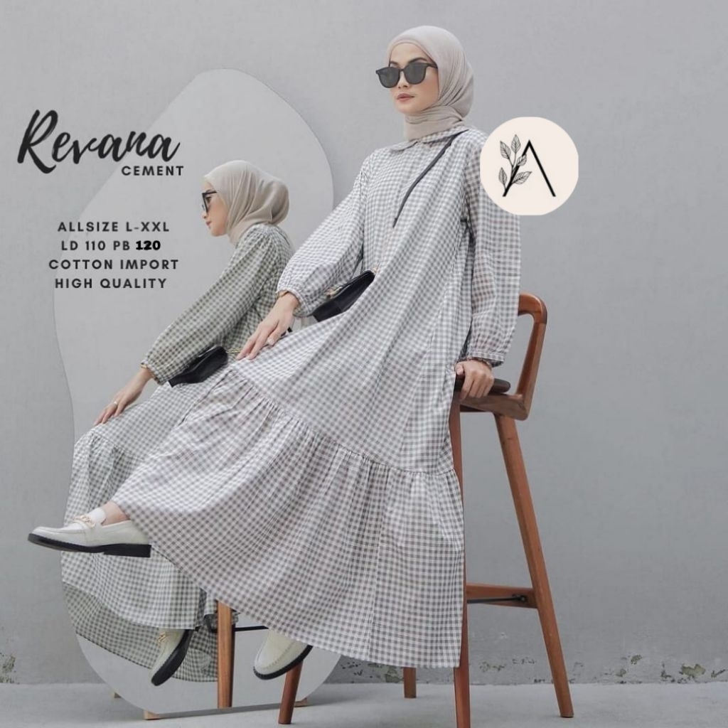 Midi Dress Muslim Terbaru Katun Triset Premium Motif Kotak-Kotak Revana Midi Dress