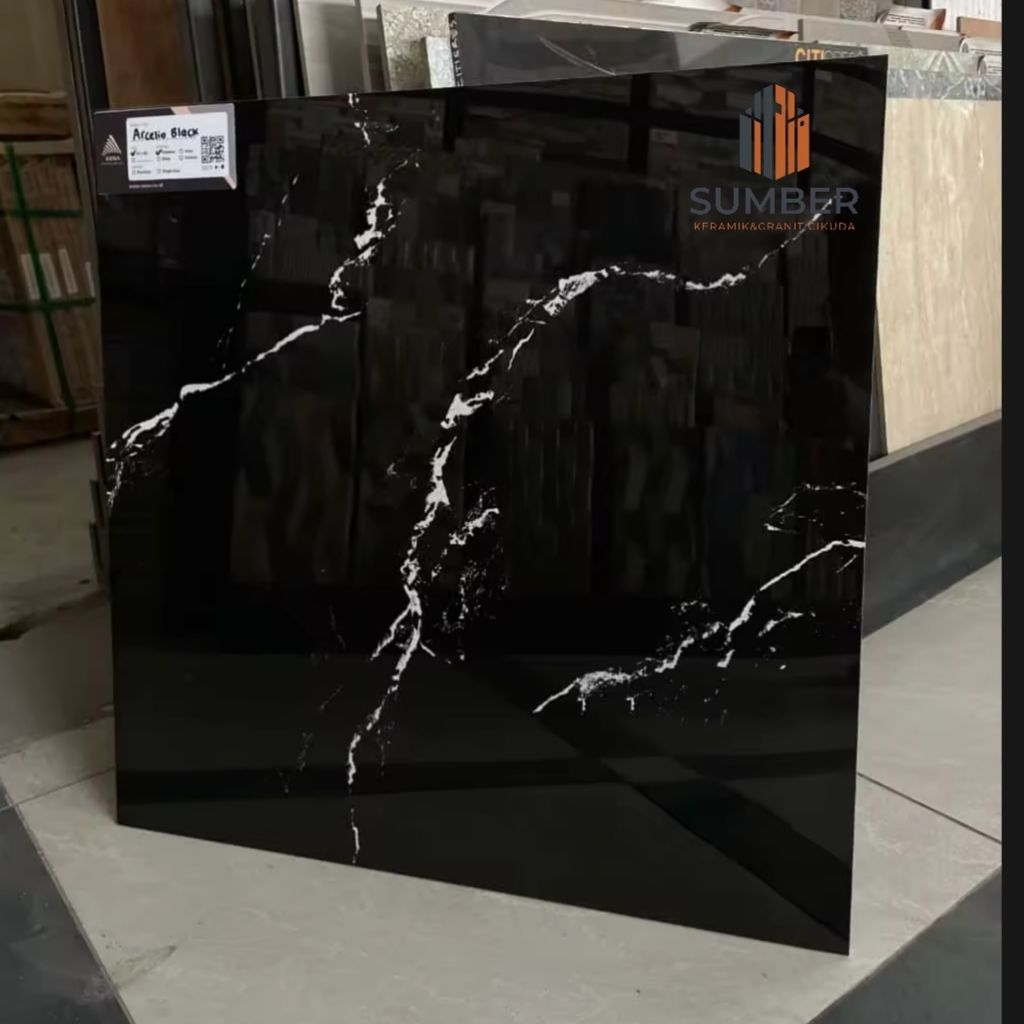 GRANIT 60X60 GLOSSY MOTIF HITAM MARMER HITAM PETIR | ARNA ARCELIO BLACK LOCAL