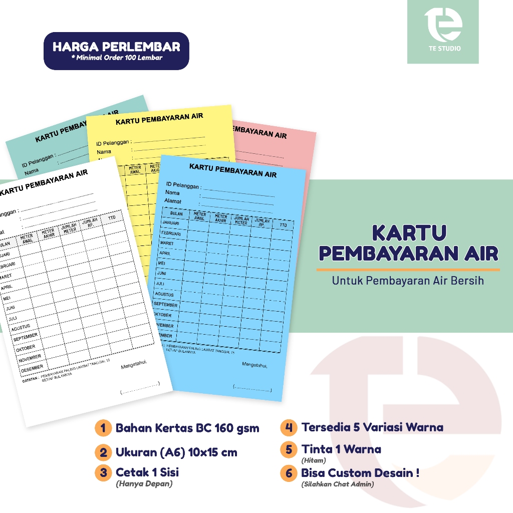 TE Studio - Kartu Pembayaran Air Bersih - Kartu Tagihan Iuran Air Warga Ukuran A6 - Kartu Tagihan Ai