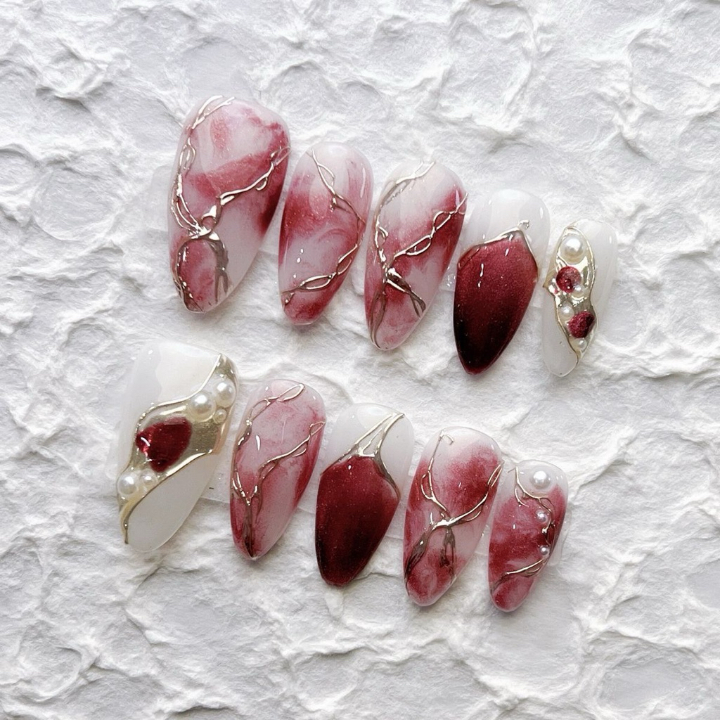 {@Ashera_nail} Press on nail / fake nail marble red imlek natal