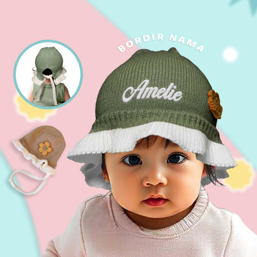 OOTDIFY - Topi Bayi Perempuan Model Renda Bunga Kupluk Rajut Anak Cewek Custom Nama