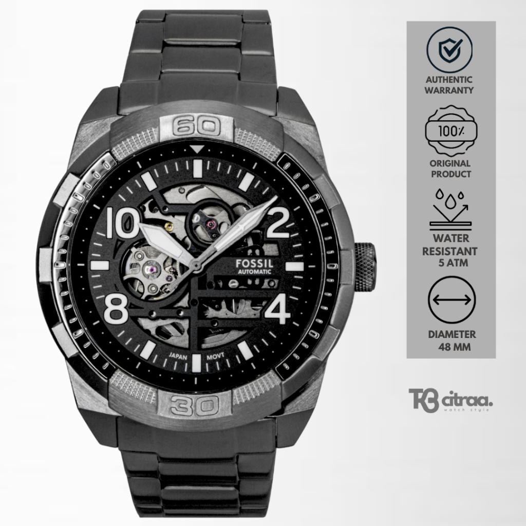 Jam Tangan Pria Fossil Bronson Men Automatic Skeleton Black Dial Gunmetal Stainless Steel Watch Mewa