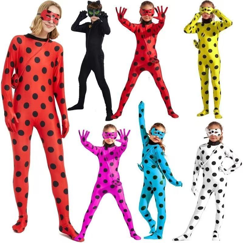 Halloween Ladybug Gadis Kostum Kucing Hitam Kostum Anak Dewasa COS Ladybug Jumpsuit Tahap Kinerja Ko